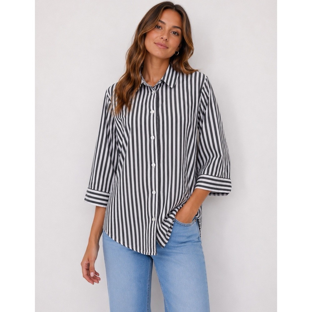 ALIA Women's Black White Striped Button‎ Up Shirt Size 16 Blouse